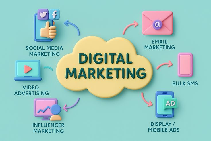 Digital marketing services in Surat including social media marketing, email marketing, influencer marketing, video advertising, and display ads
